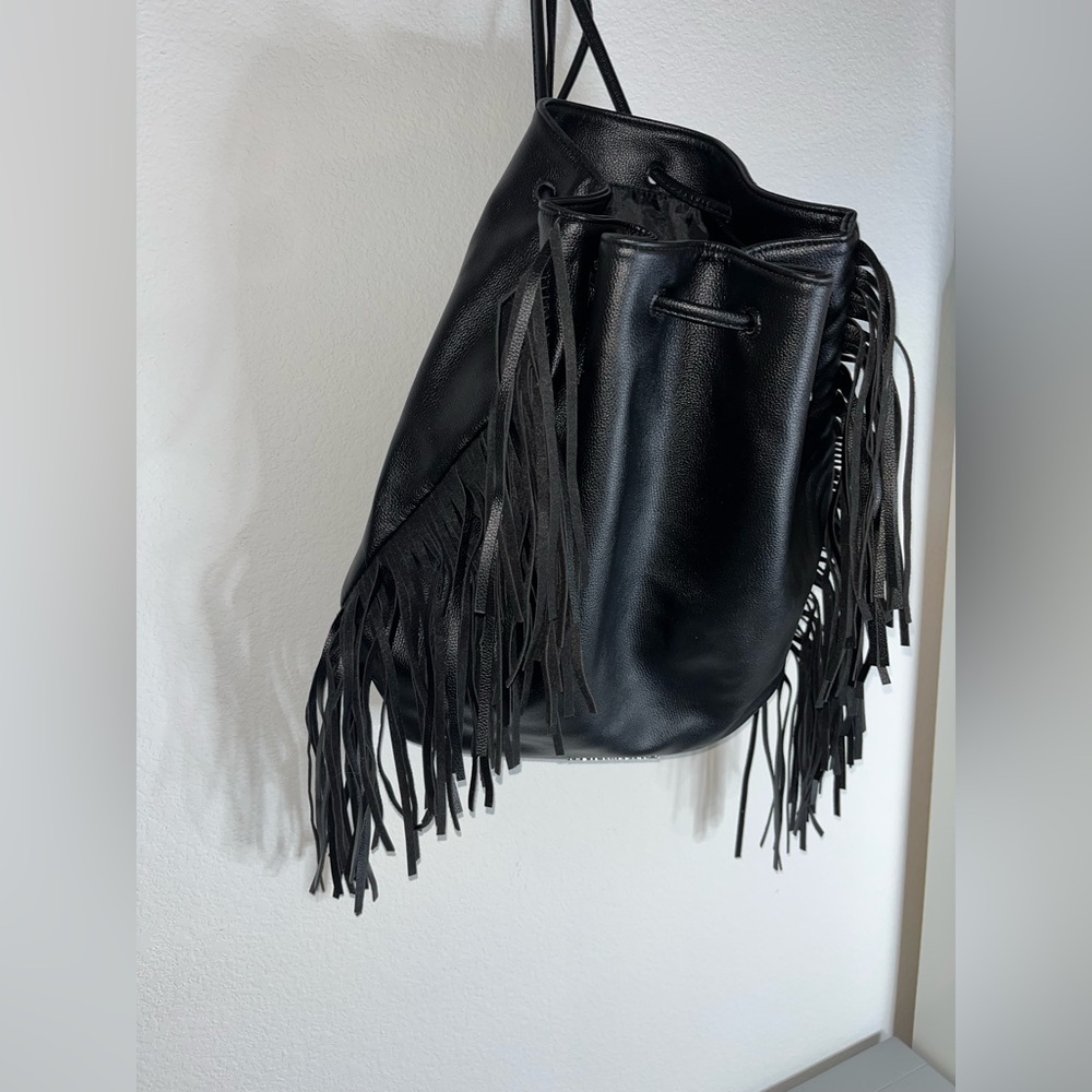 Victoria's Secret Fringe Bucket Bag Drawstring Black Faux Leather Large NWOT - Picture 9 of 16